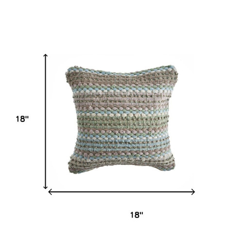 18" Green And Blue Beach Striped Cotton Blend Throw Pillow Cover