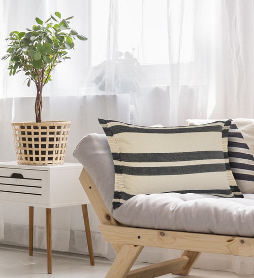16" X 24" Gray And White Lumbar Striped Cotton Throw Pillow Cover with Fringe