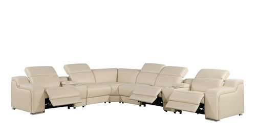 Beige Italian Leather Power Reclining L Shaped Seven Piece Corner Sectional With Console