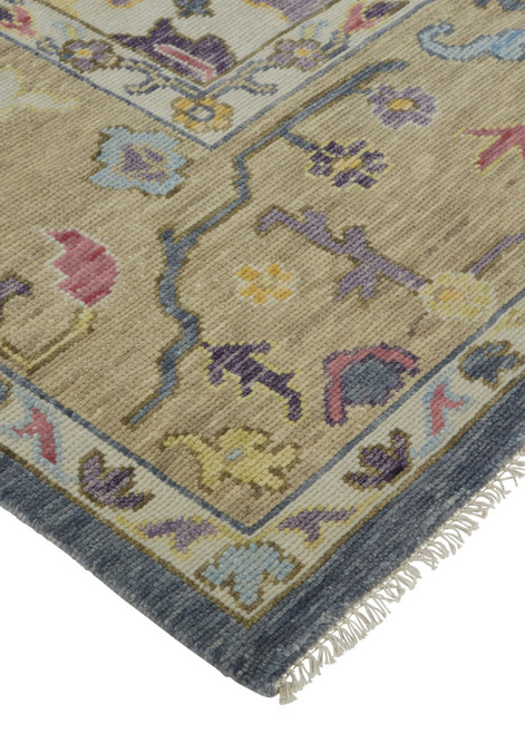 9' X 13' Gold Blue and Purple Wool Oriental Hand Knotted Area Rug With Fringe