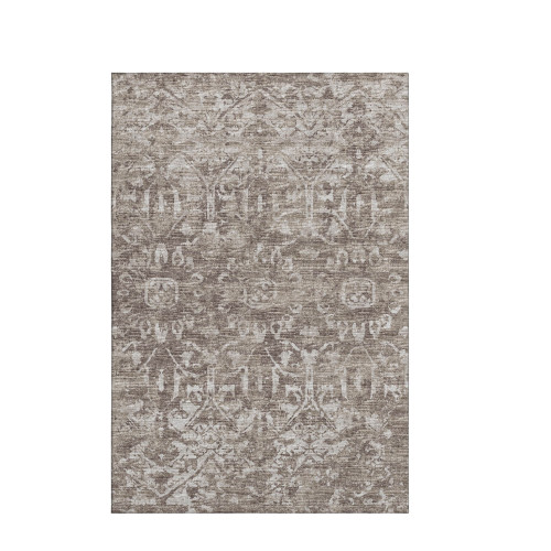 9' X 12' Brown And Ivory Damask Washable Indoor Outdoor Area Rug