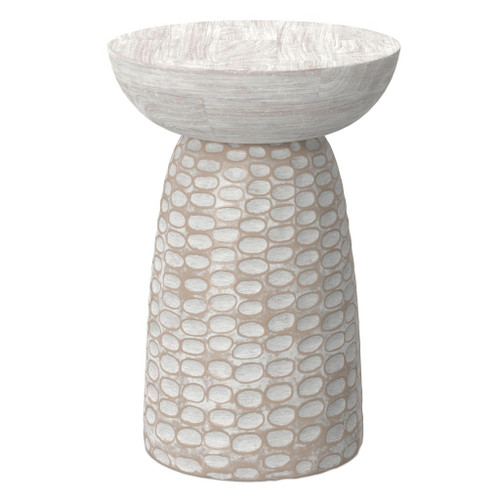 18" White And Natural Distressed Solid Wood Round Pedestal End Table