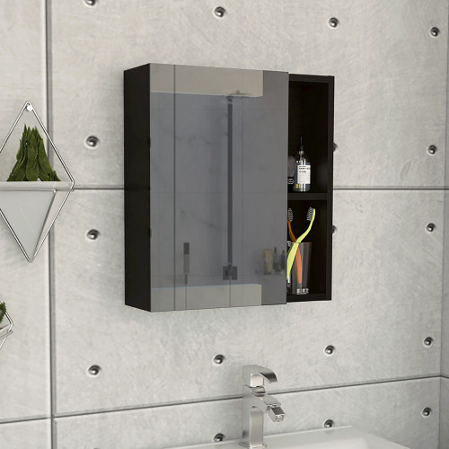 18" Black Wood Floating Single Door Bathroom Vanity And Medicine Cabinet With Mirror