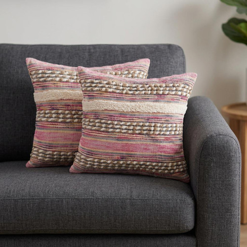 Set of Two 18" X 18" Pink And Ivory Lumbar Striped Cotton Blend Throw Pillow Covers with Texture