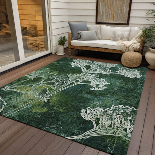 9' X 12' Teal Blue And Green Floral Washable Indoor Outdoor Area Rug