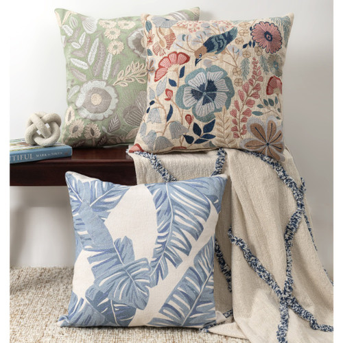 20" Green And Ivory Floral Cotton Throw Pillow Cover