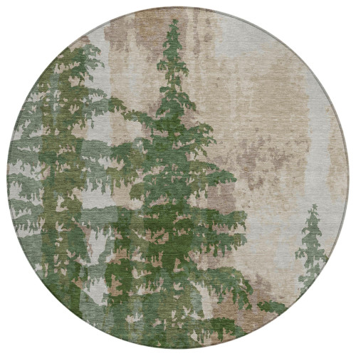 8' Green And Beige Round Floral Washable Indoor Outdoor Area Rug