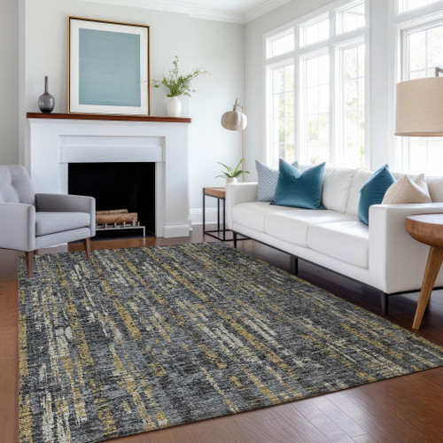 5' X 8' Granite Gray Ivory And Gold Abstract Washable Indoor Outdoor Area Rug