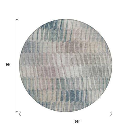 8' Sage And Ivory Round Striped Washable Indoor Outdoor Area Rug