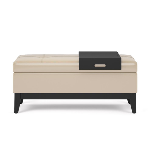 42" Cream and Dark Brown Tufted Faux Leather and Solid Wood Upholstered Storage Bench With Tray