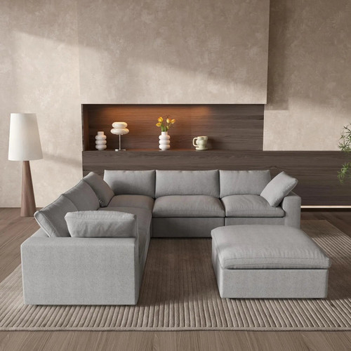 Light Gray Linen Blend Modular L Shaped Six Piece Corner Sectional With Ottoman