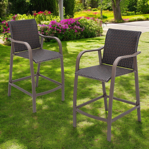 Set of Two 28" Brown Aluminum Outdoor Counter Height Bar Chairs