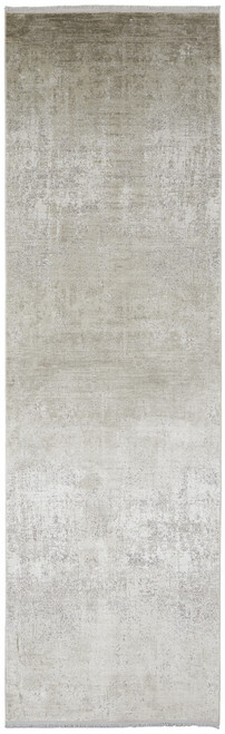 10' Tan and Ivory Abstract Power Loom Distressed Runner Rug With Fringe