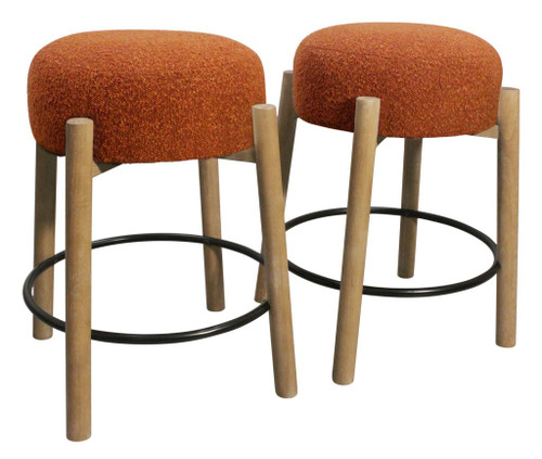 Set of Two Rust and Natural Fabric and Solid Wood Backless Counter Height Bar Chairs
