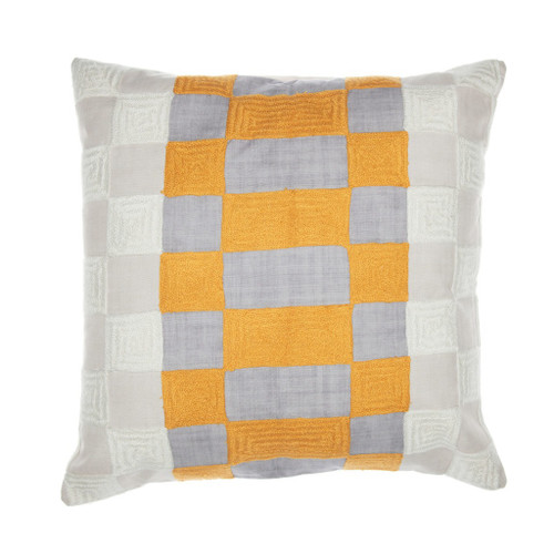 20" Gray Yellow And White Check Throw Pillow Cover