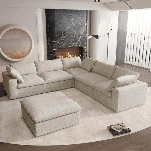 Khaki Linen Blend Modular L Shaped Six Piece Sofa and Chaise Sectional With Ottoman