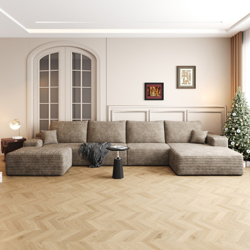 135" Camel Corduroy Modular Universal Sofa With Ottoman And Toss Pillows
