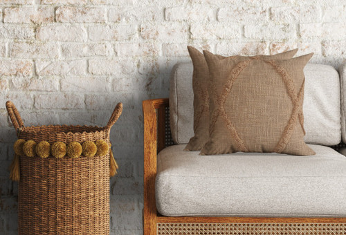 Set of Two 18" Tan Diamond Cotton Throw Pillow Covers with Tufts