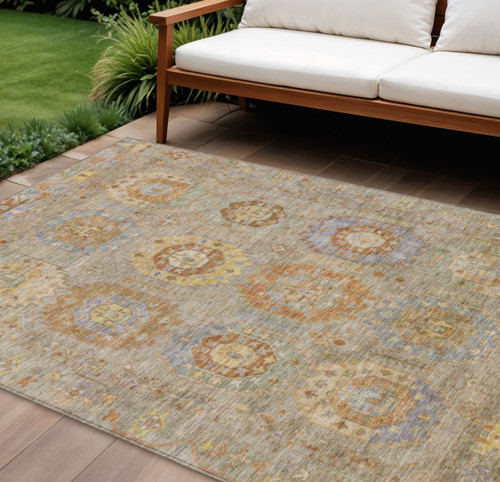 8' X 10' Taupe Gold And Lavender Medallion Washable Indoor Outdoor Area Rug