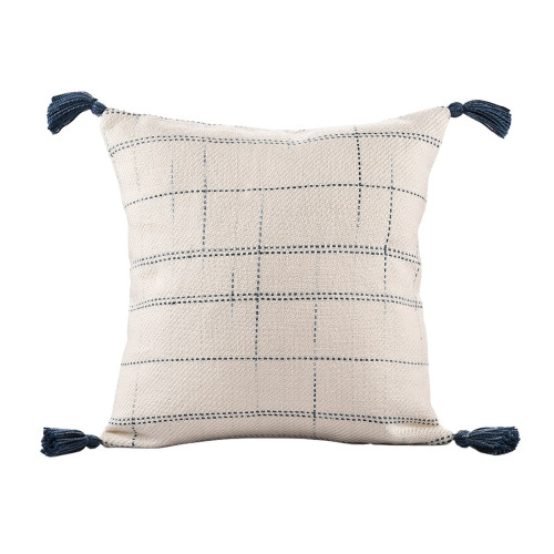 20" Blue And Ivory Beach Geometric Throw Pillow Cover with Tassels