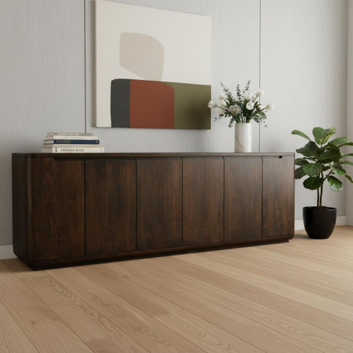 96" Dark Brown Distressed Solid Wood Sideboard With Six Doors