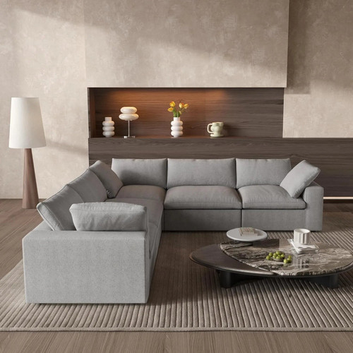 Light Gray Linen Blend Modular L Shaped Five Piece Corner Sectional