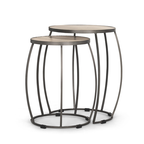 Set of Two Natural and Silver Solid Wood and Iron Round Frame Nested Tables