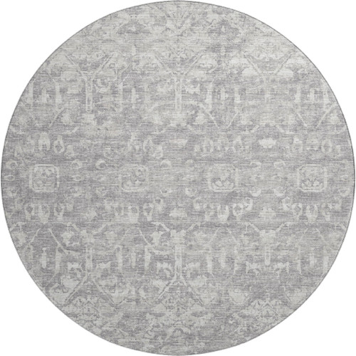 8' Gray And Ivory Round Damask Washable Indoor Outdoor Area Rug