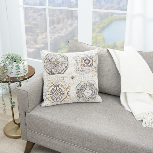 20" Light Gray And Ivory Medallion Throw Pillow