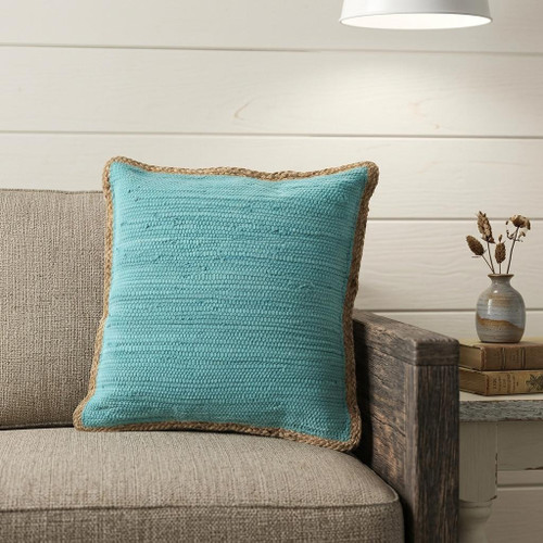 20" Turquoise And Tan Beach Cotton Blend Throw Pillow Cover with Texture