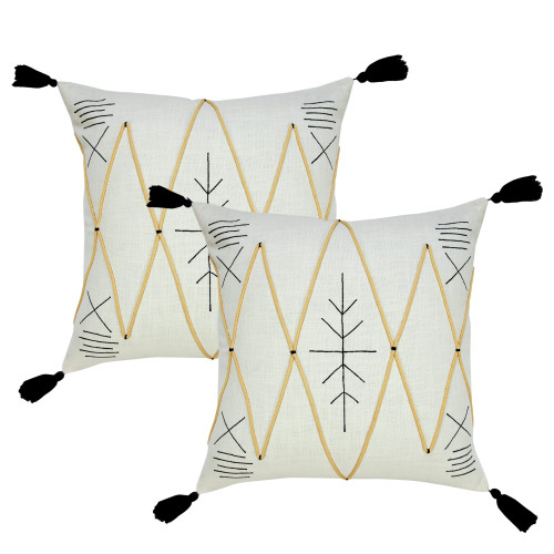 Set of Two 20" Off White Black And Ochre Geometric Cotton Throw Pillows