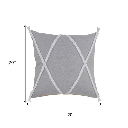 20" Gray And White Beach Geometric Cotton Throw Pillow Cover with Tufts And Texture