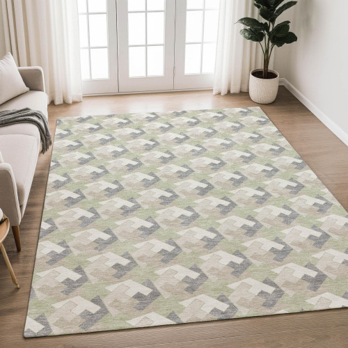 8' X 10' Green And Ivory Geometric Washable Indoor Outdoor Area Rug