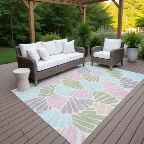 10' X 14' Sage Pink And Aqua Floral Washable Indoor Outdoor Area Rug