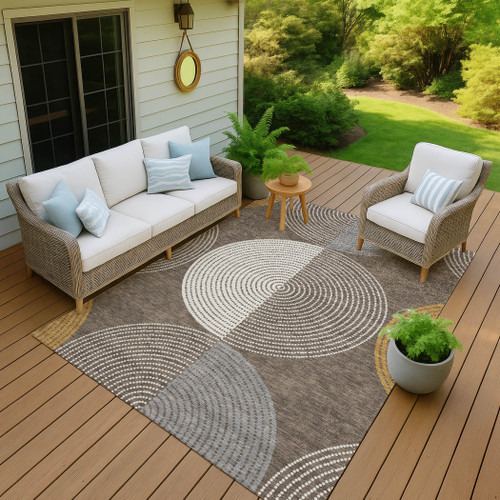 3' X 5' Brown And Ivory Geometric Washable Indoor Outdoor Area Rug