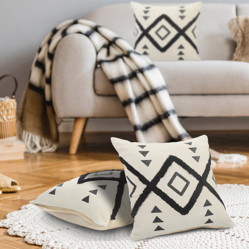 20" Tan And Black Cotton Throw Pillow Cover
