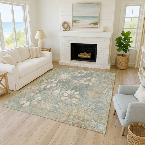 8' X 10' Artichoke Green And Beige Floral Washable Indoor Outdoor Area Rug