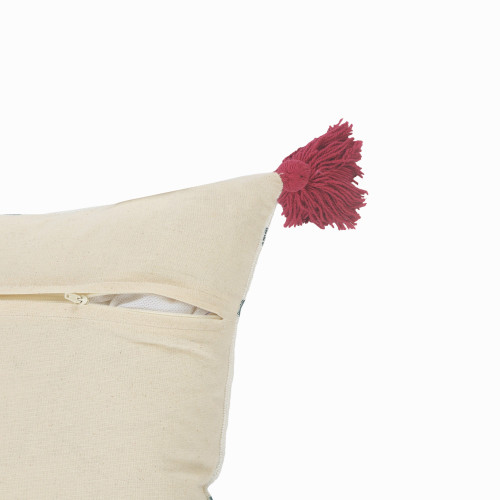 20" Off White Maroon And Teal Blue Geometric Cotton Throw Pillow Cover with Tassels