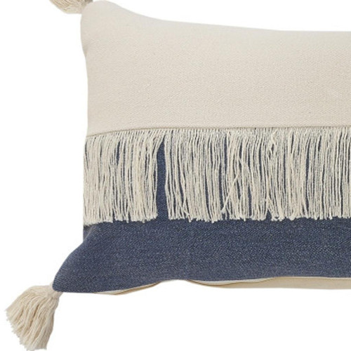 14" X 36" Denim Blue And Ivory Lumbar Beach Cotton Throw Pillow Cover with Tassels