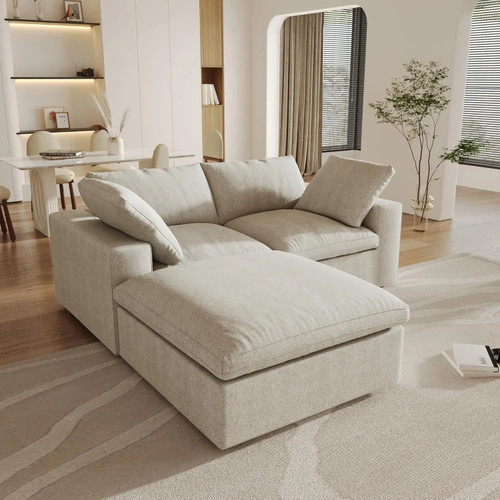 80" Khaki Linen Blend Modular Loveseat With Storage Ottoman