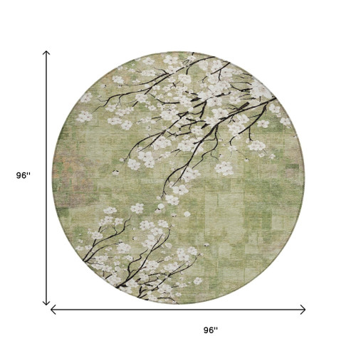 8' Artichoke Green Ivory And Charcoal Round Floral Washable Indoor Outdoor Area Rug
