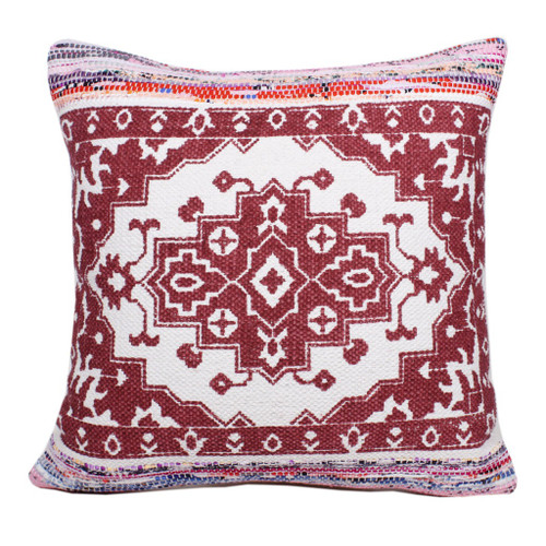 20" Red And Ivory Medallion Cotton Blend Throw Pillow Cover