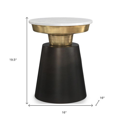 20" Glossy White Black and Gold Marble and Iron Round End Table