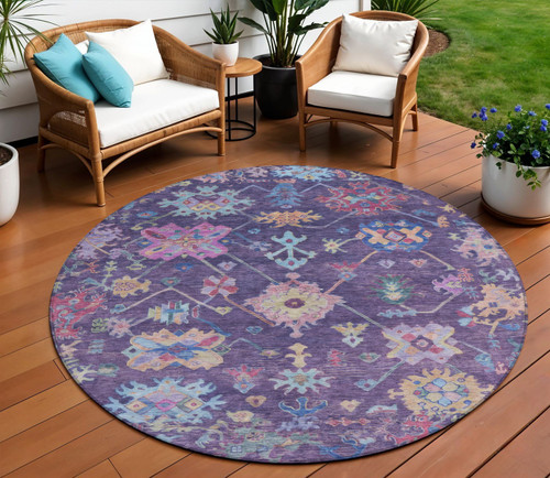 8' Eggplant Pink And Gold Round Floral Washable Indoor Outdoor Area Rug