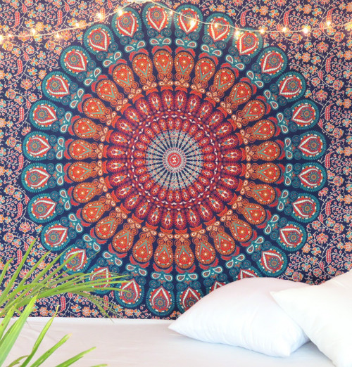 Blue And Orange Floral Cotton Twin Flat Sheet