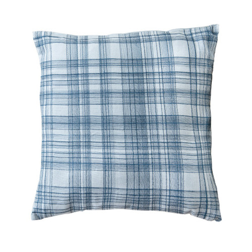 20" Blue And Indigo Check Cotton Blend Throw Pillow Cover