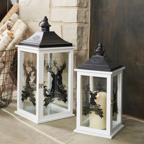 Set of Two White And Black Abstract Wood Tabletop Lantern Candle Holders
