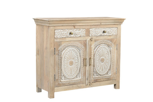 46" White Distressed Solid Wood Carved Scrollwork Two Drawer Sideboard With Two Doors
