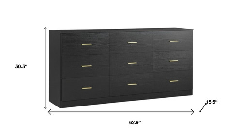 63" Black Wood Nine Drawer Triple Dresser