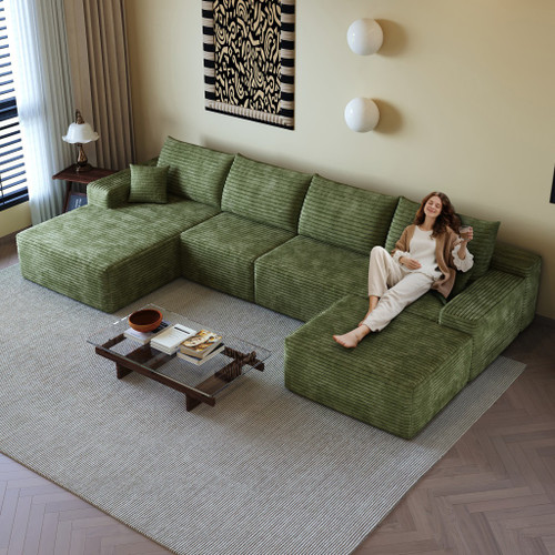 135" Green Corduroy Modular Universal Sofa With Ottoman And Toss Pillows